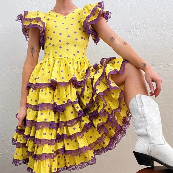 Vintage 1970's Yellow Purple Polka Dot Ruffle Lace Tiered Midi Dress - Picture 2 of 6